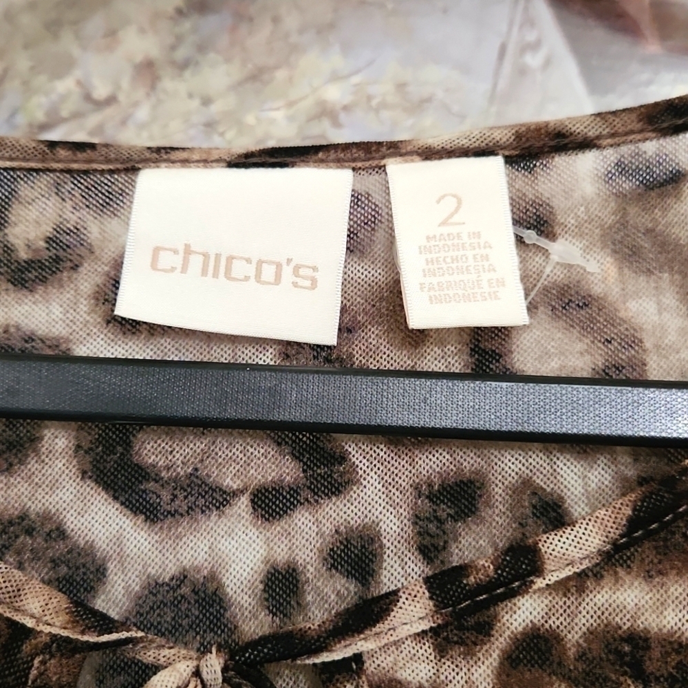 Chicos Leopard print sheer Top Tunic waterfall hem Career Contemporary - Picture 5 of 12